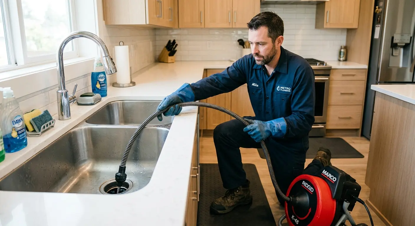 Drain cleaning technician using a motorized snake on a kitchen sink in Celina