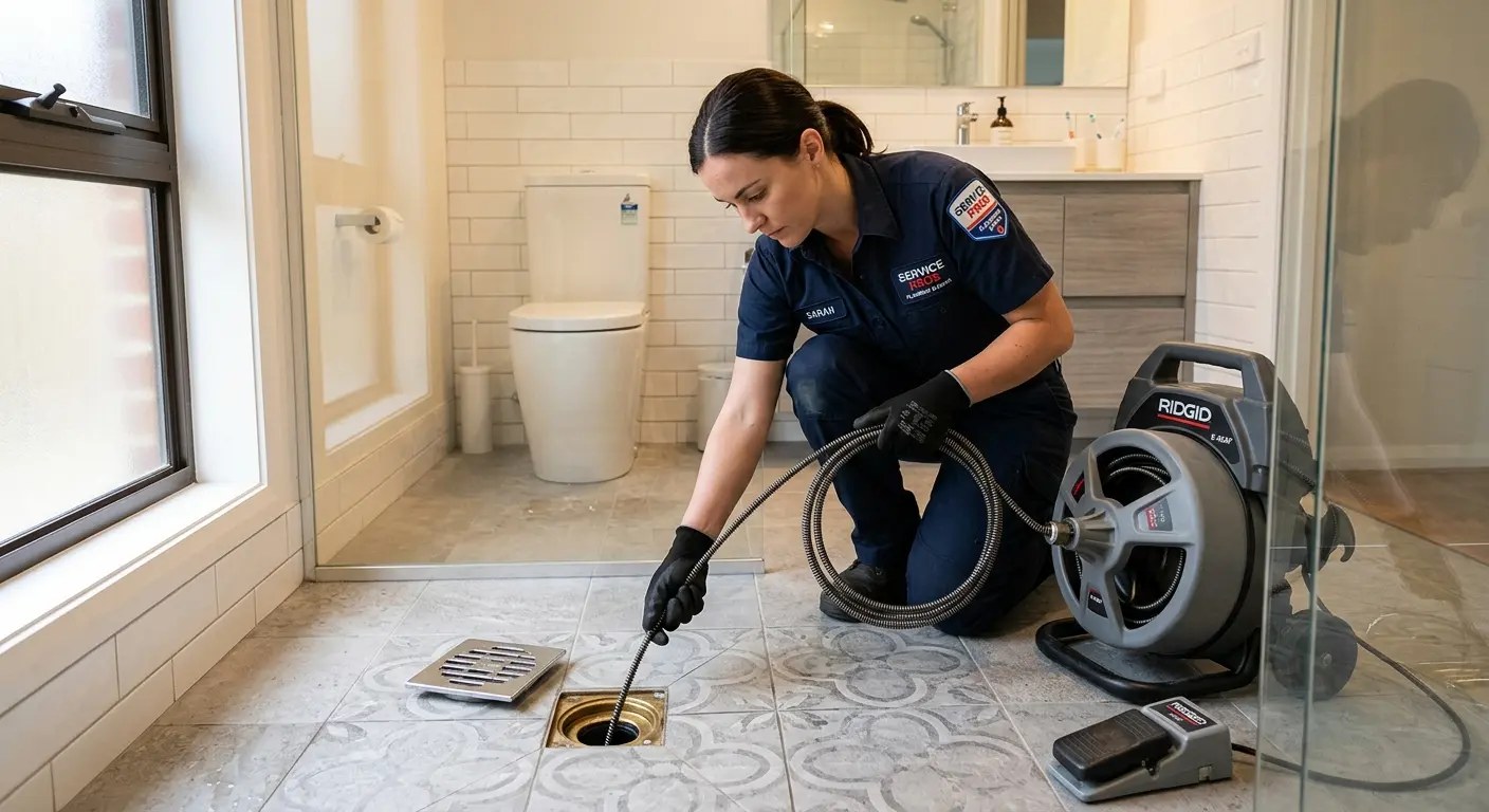 Technician clearing a bathroom floor drain for Drain Repair in Celina